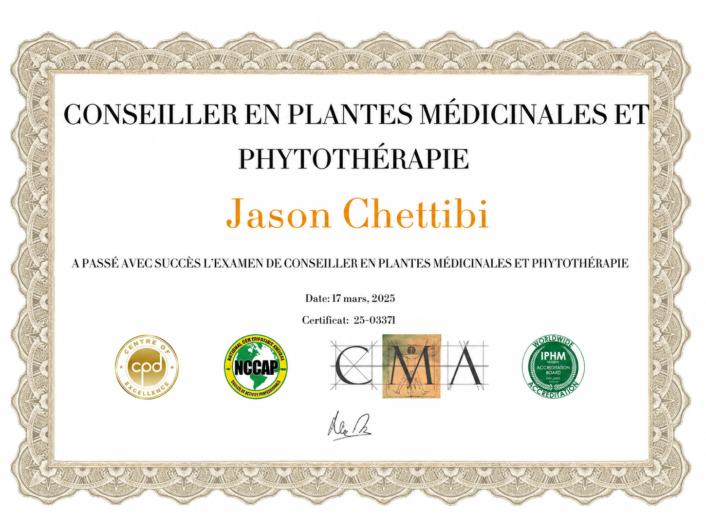 Diploma de Practicante en Fitoterapia de Jason Chettibi