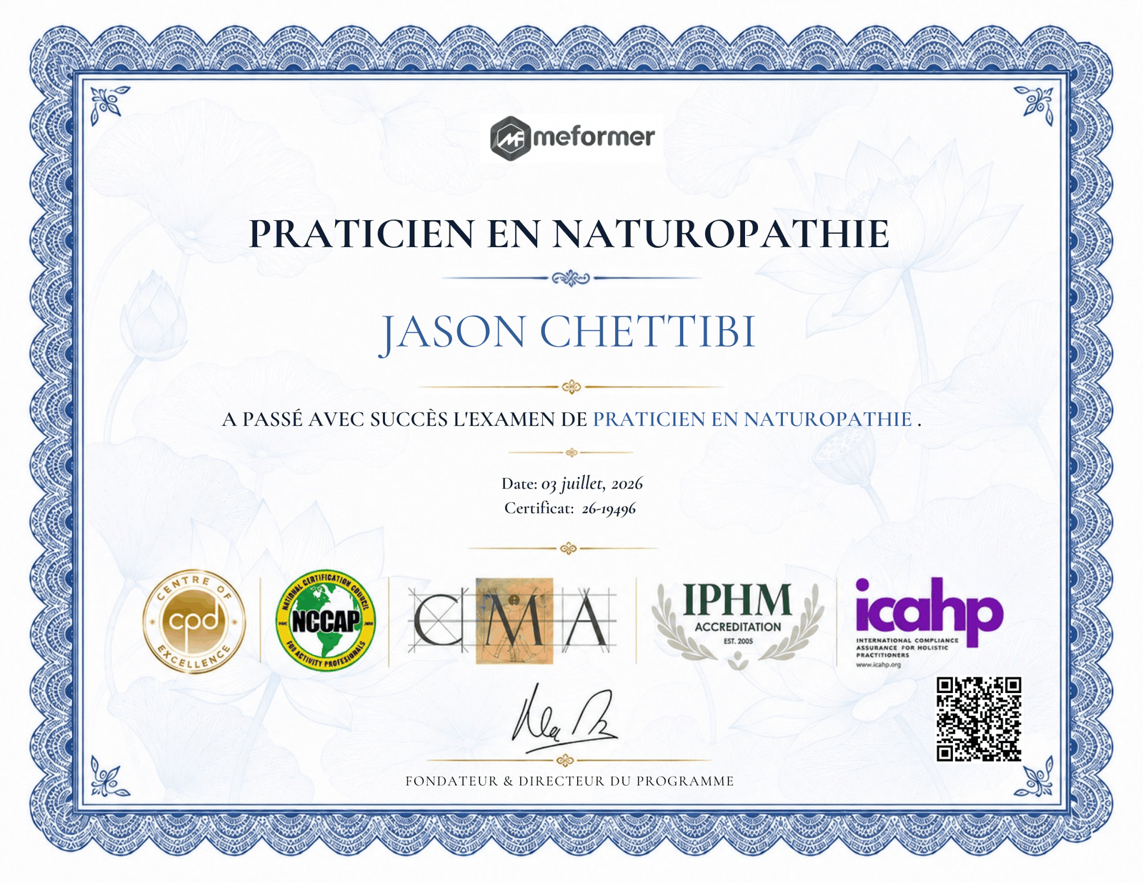 Diploma de Practicante en Naturopatía de Jason Chettibi
